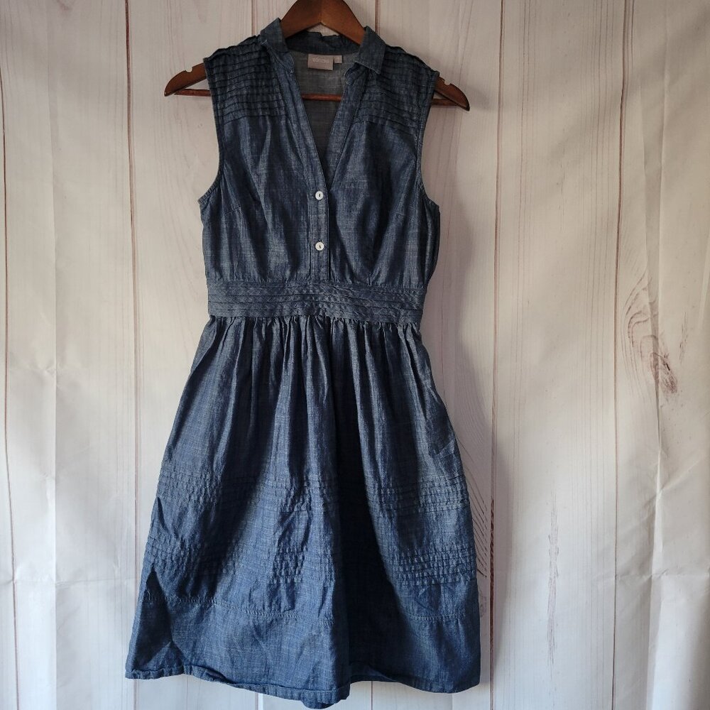 eShakti Cotton Denim V-Neck, Sleeveless Midi Dress w/Pockets, Sz XS, 100% Cotton